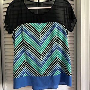 Ann Taylor Geometric Stripes Blue/Green Top Blouse Shirt Sz Small